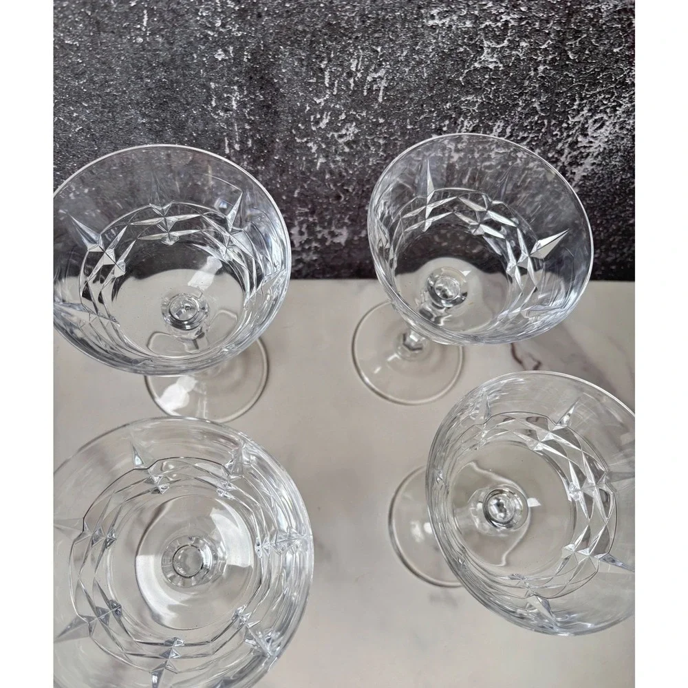 Vintage Crystal Champagne Coupe Glasses Set‎ of 4 Diamond Cut Pedestal Stemware